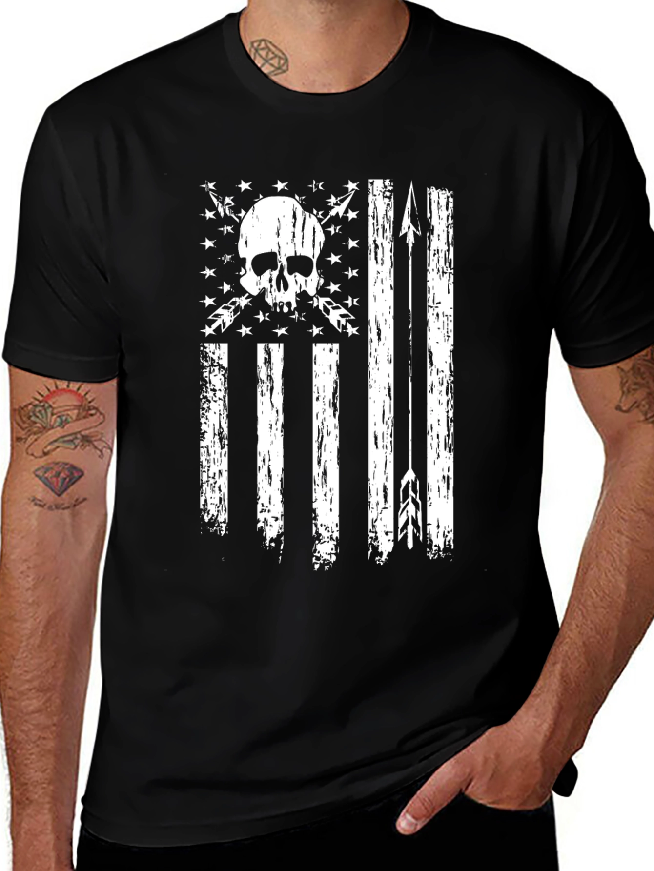 Skull & Arrows Distressed American Flag Graphic T-Shirt