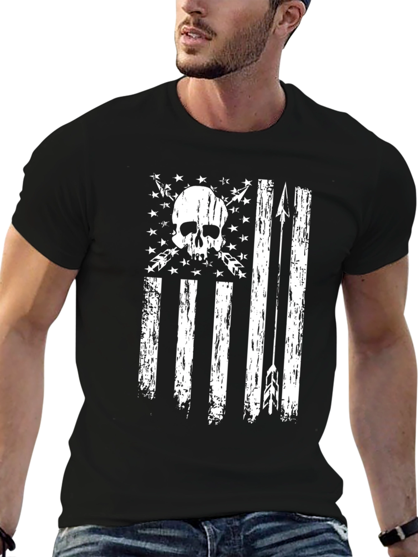Skull & Arrows Distressed American Flag Graphic T-Shirt