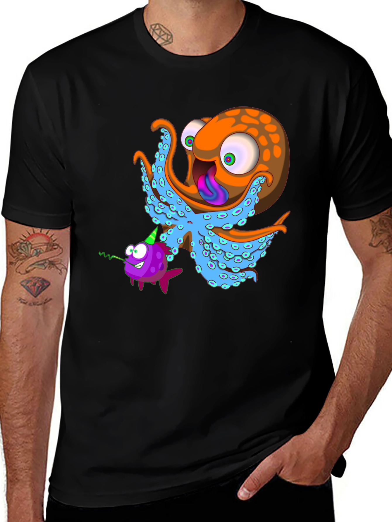 Octopus & Fish Graphic Tee - Unique Cartoon Design
