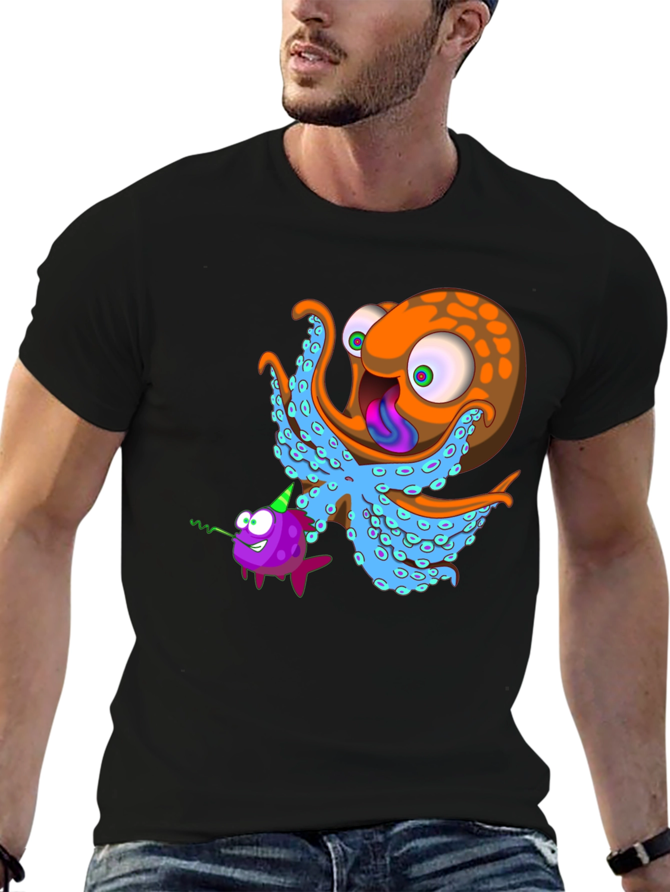 Octopus & Fish Graphic Tee - Unique Cartoon Design