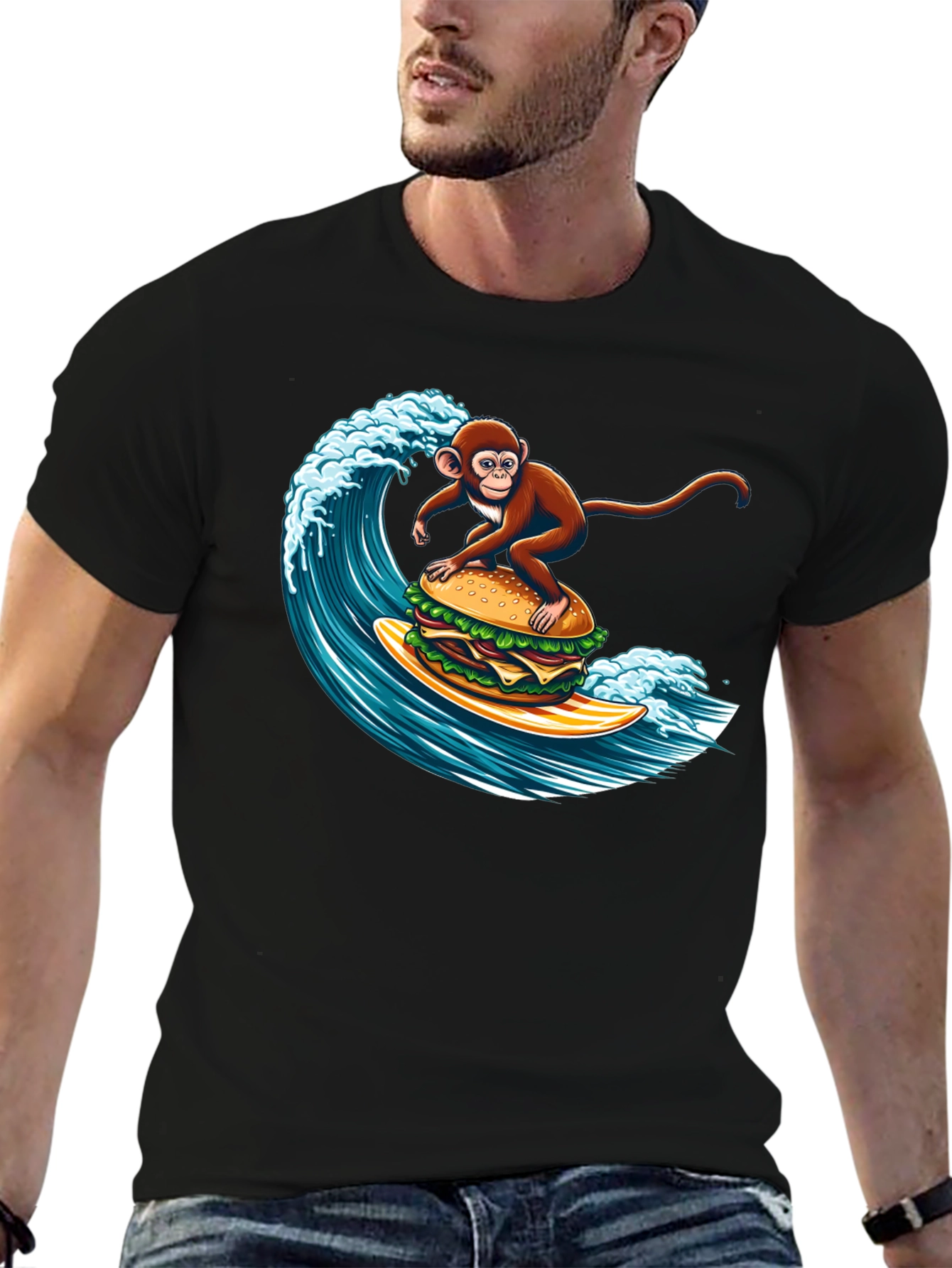 Monkey Surfing Burger Wave Graphic T-Shirt