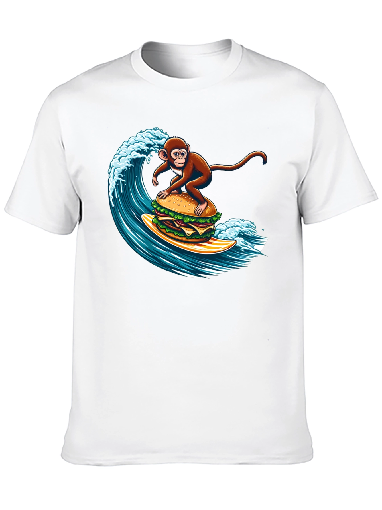 Monkey Surfing Burger Wave Graphic T-Shirt