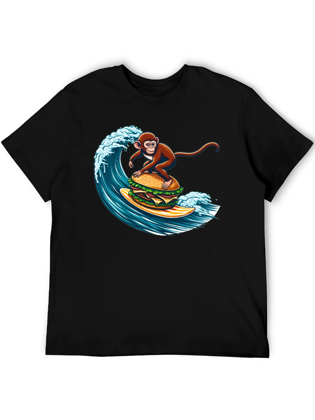 Monkey Surfing Burger Wave Graphic T-Shirt