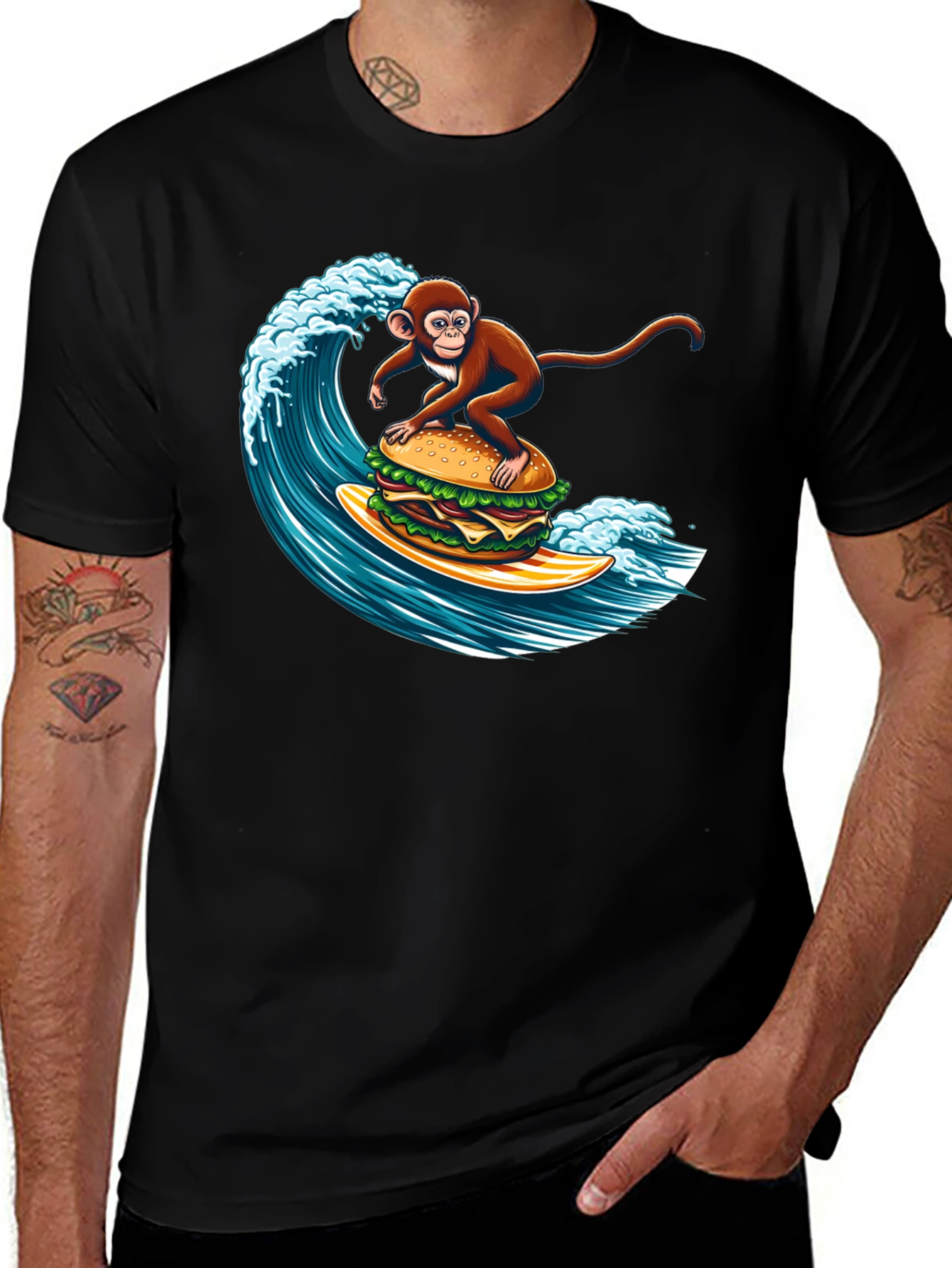 Monkey Surfing Burger Wave Graphic T-Shirt