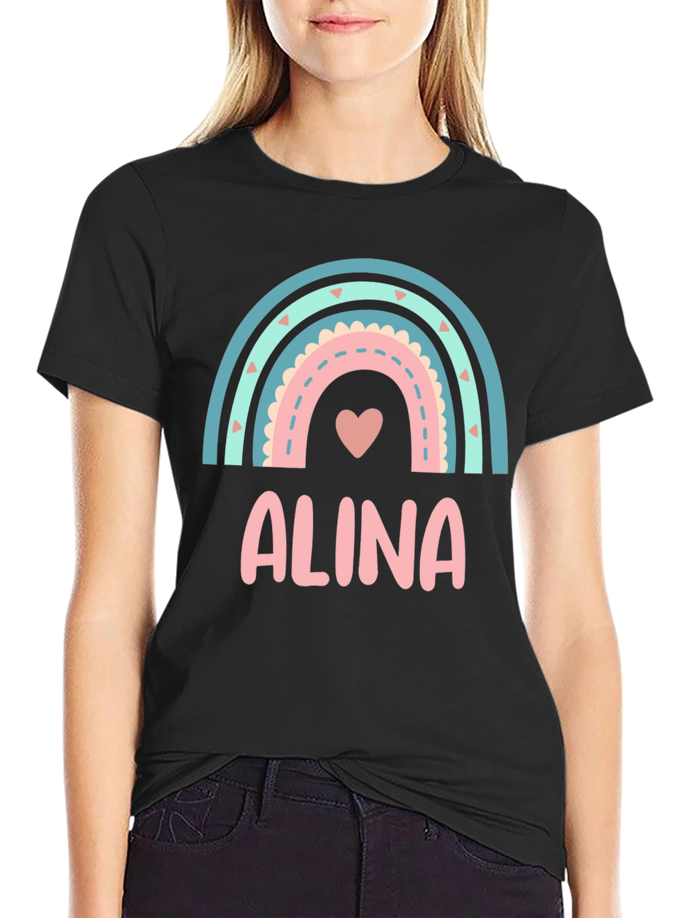 Alina Rainbow Heart T-Shirt - Cute Personalized Tee