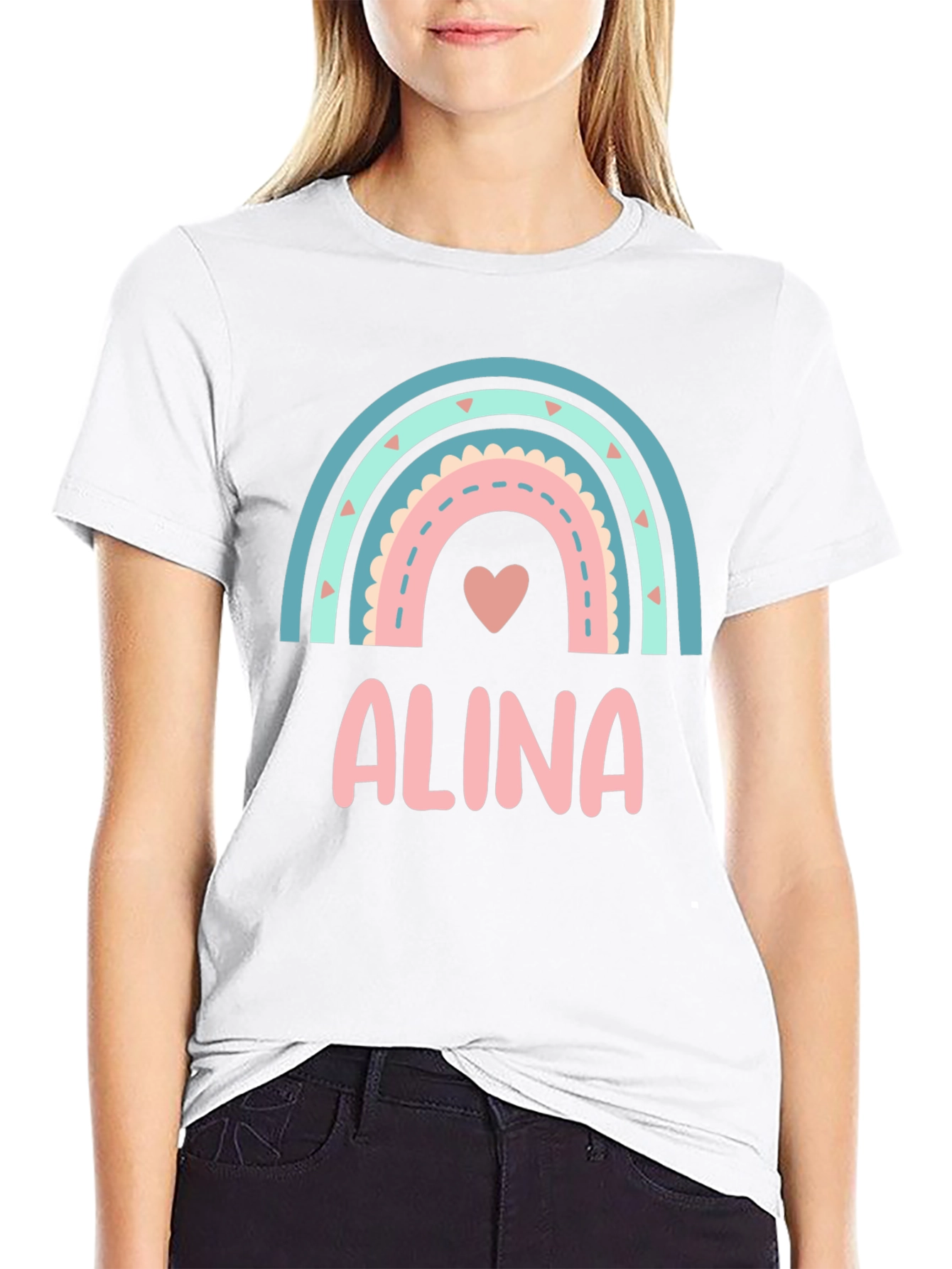 Alina Rainbow Heart T-Shirt - Cute Personalized Tee