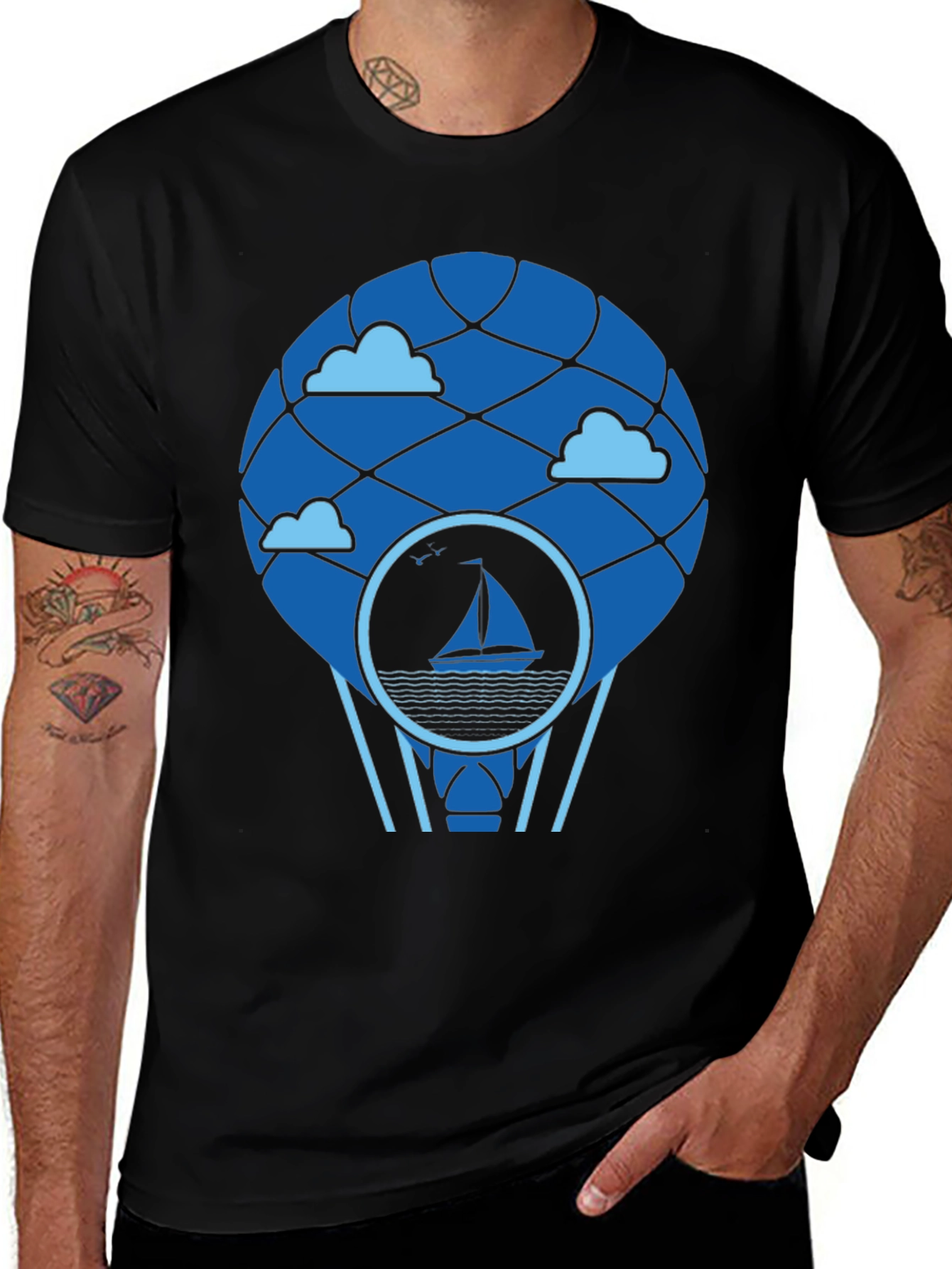 Sailboat Hot Air Balloon T-Shirt - Black