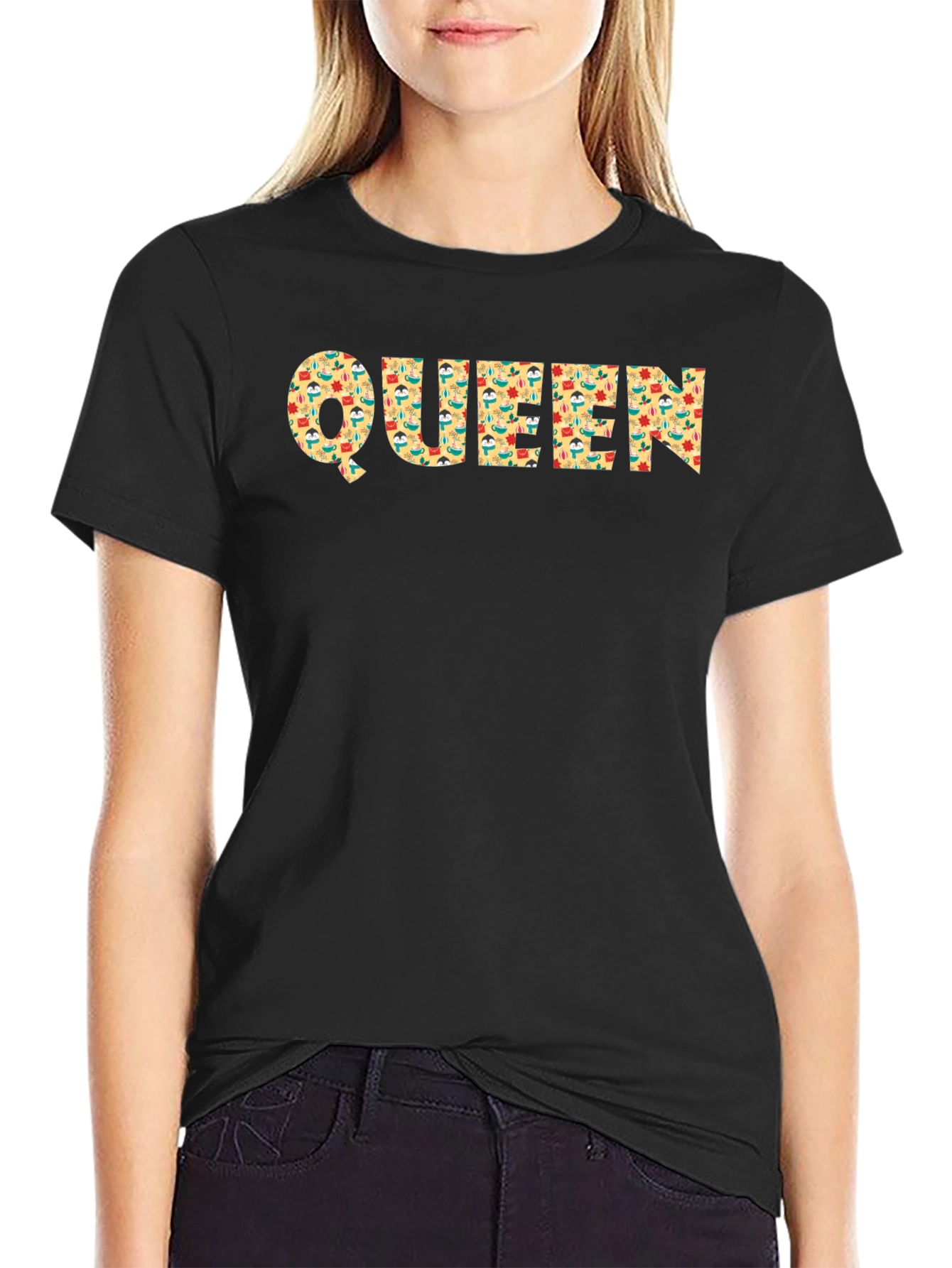 Queen Retro Pattern Graphic Tee - Black