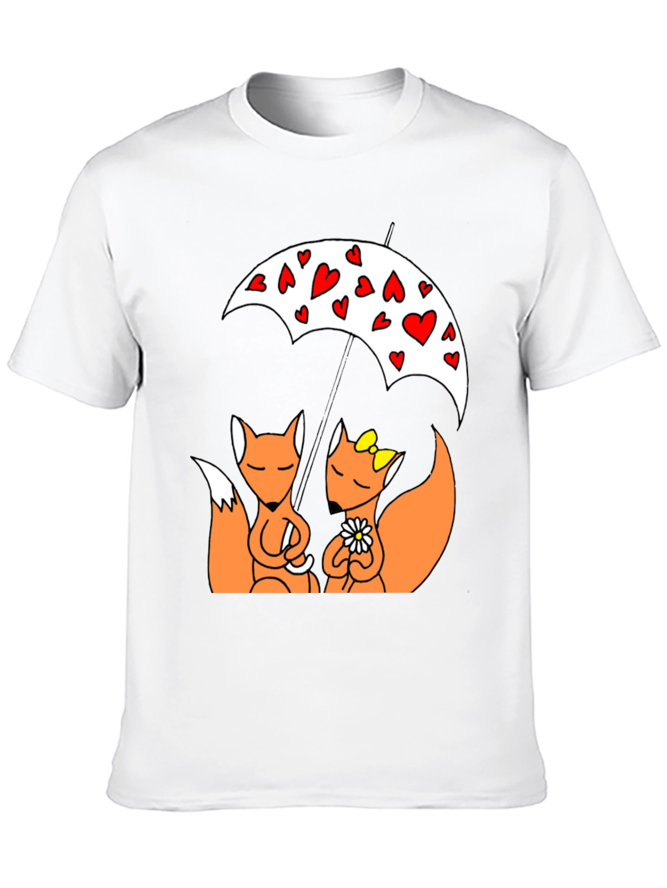Cute Foxes Under Heart Umbrella Black T-Shirt
