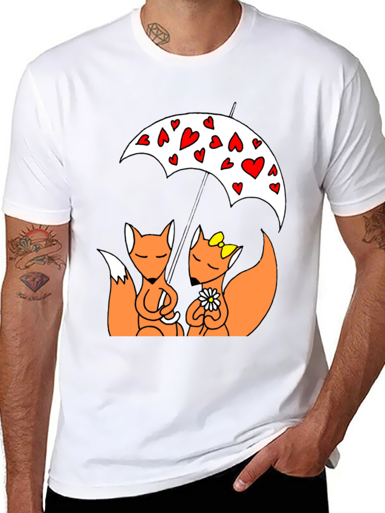 Cute Foxes Under Heart Umbrella Black T-Shirt
