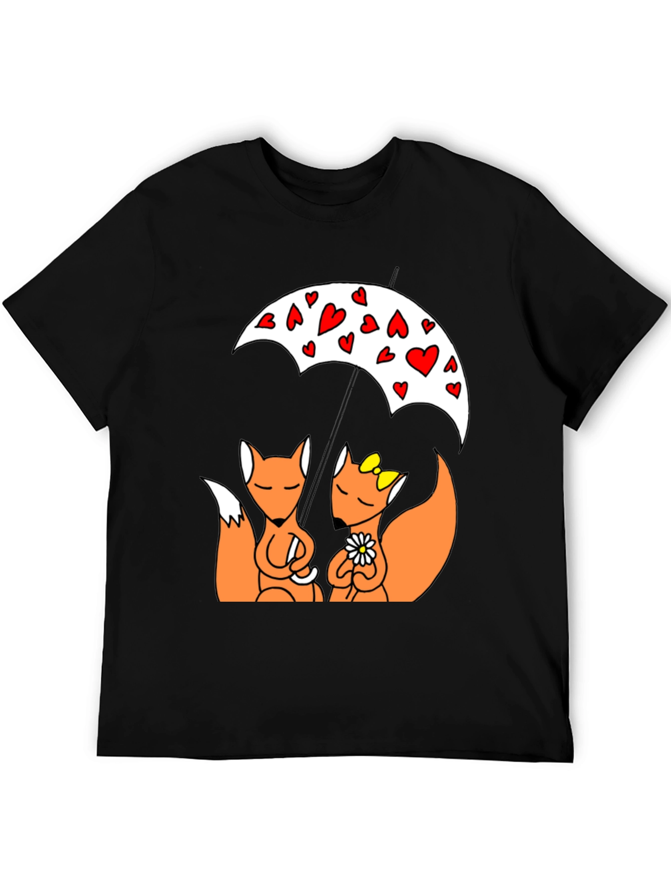 Cute Foxes Under Heart Umbrella Black T-Shirt