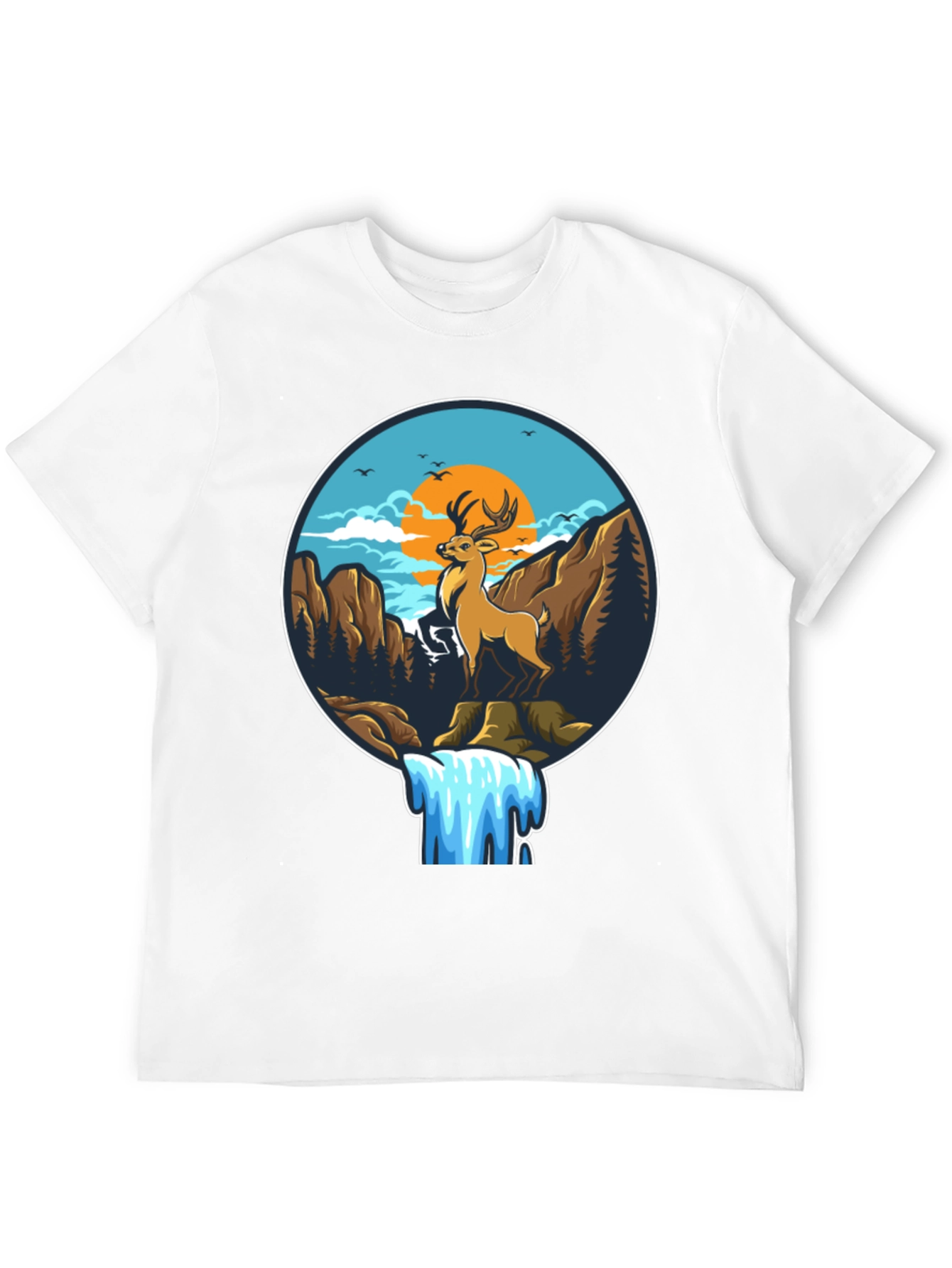 Deer & Waterfall Graphic Tee - Nature Adventure Design