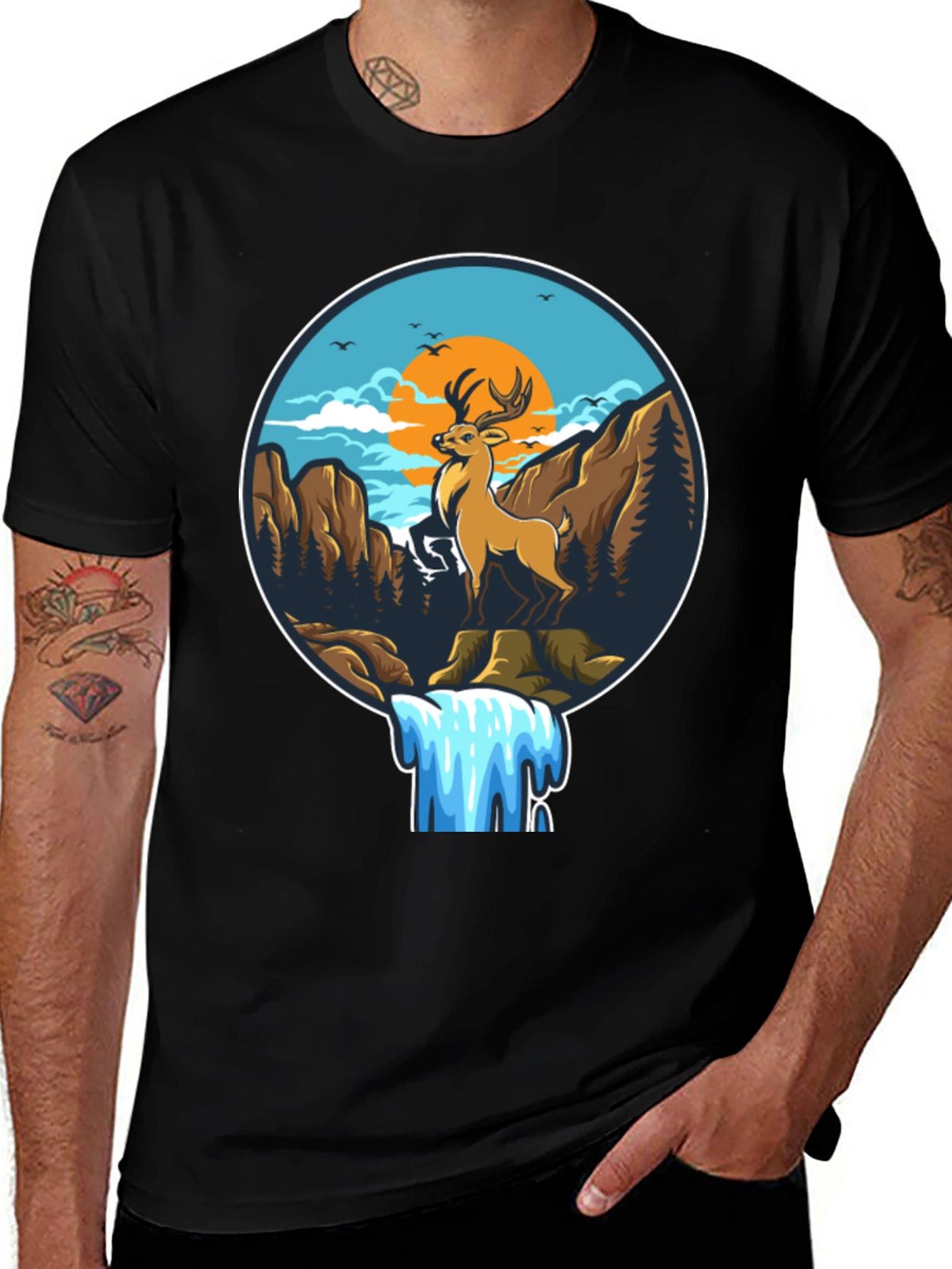 Deer & Waterfall Graphic Tee - Nature Adventure Design