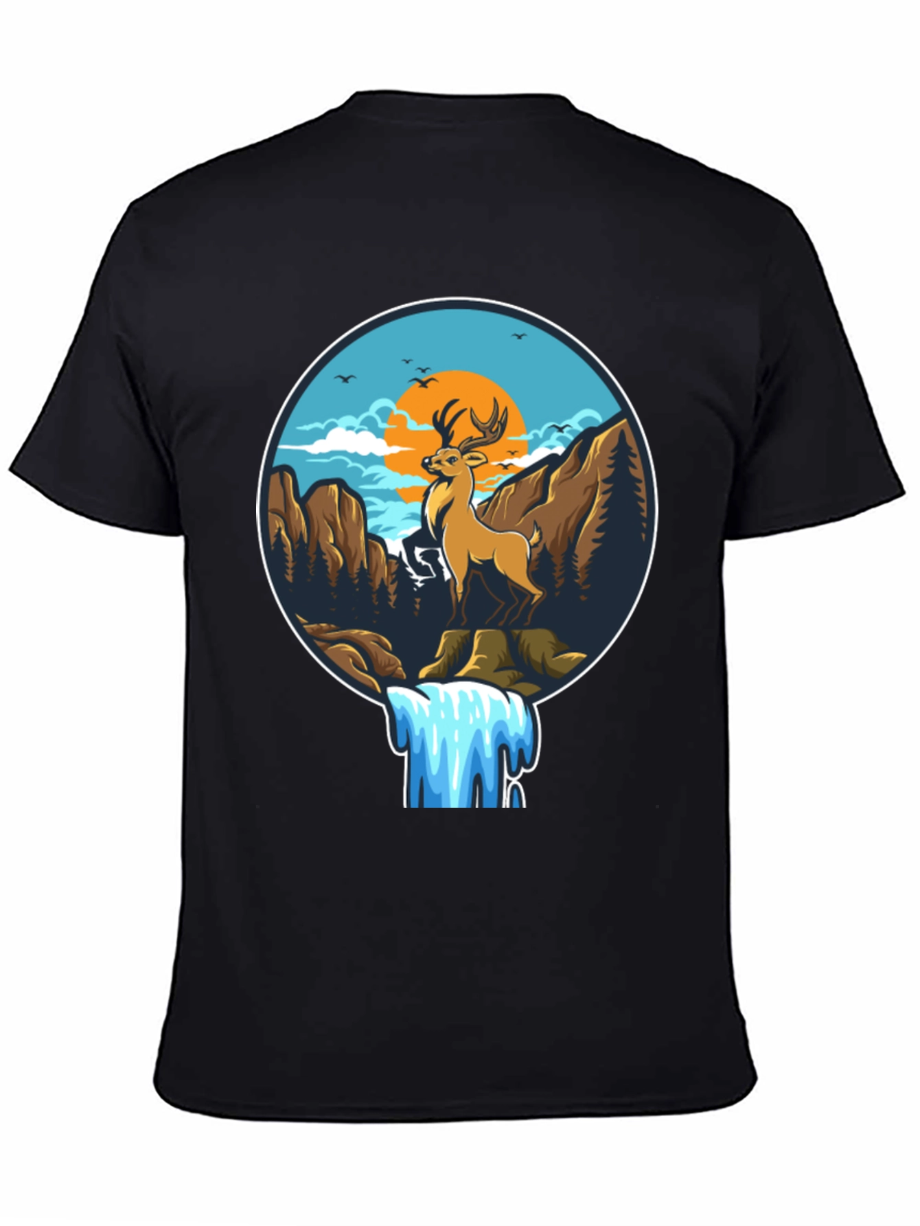 Deer & Waterfall Graphic Tee - Nature Adventure Design