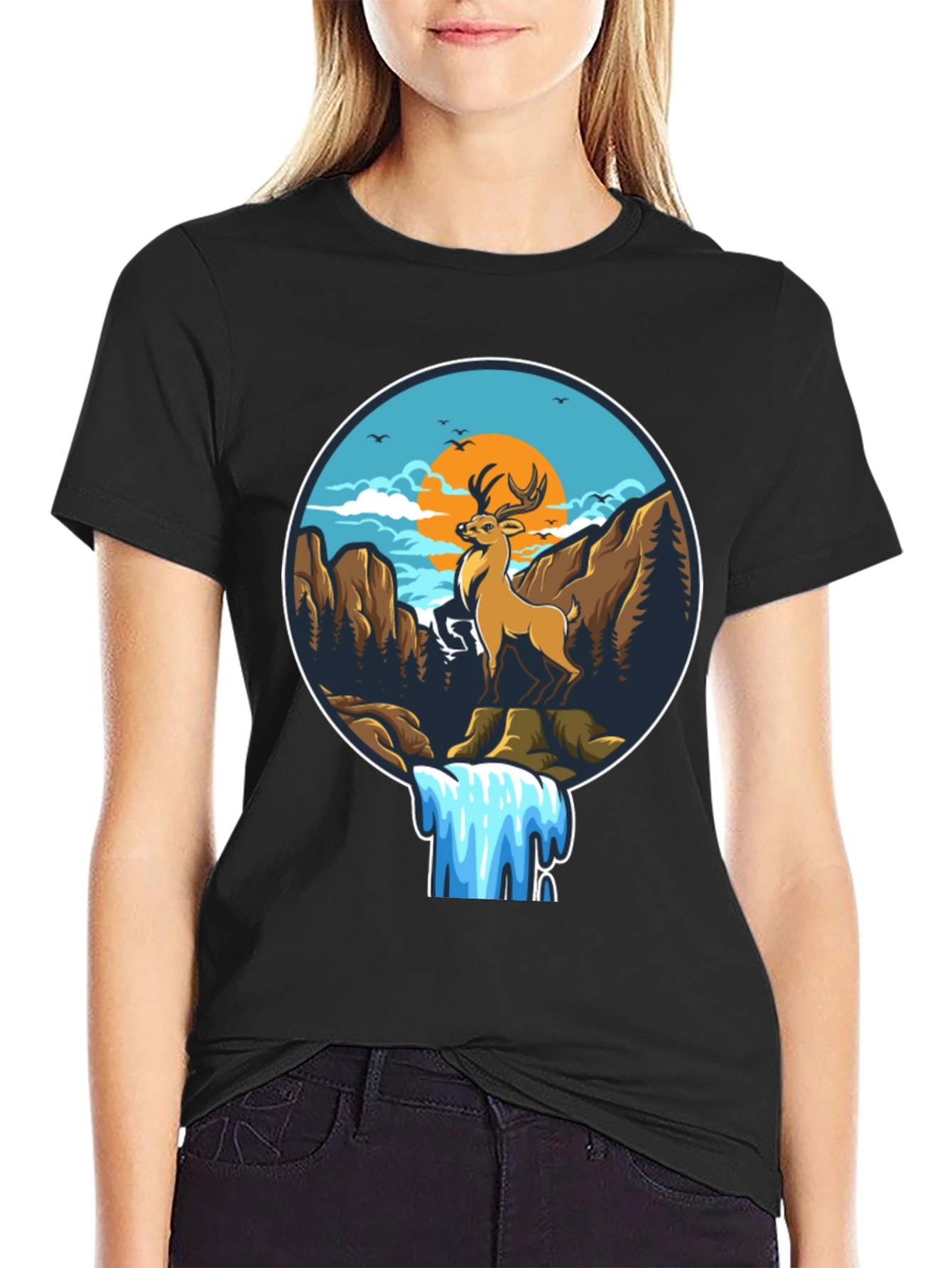 Deer & Waterfall Graphic Tee - Nature Adventure Design