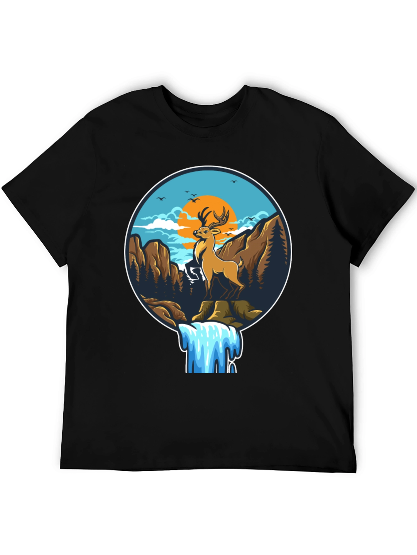 Deer & Waterfall Graphic Tee - Nature Adventure Design