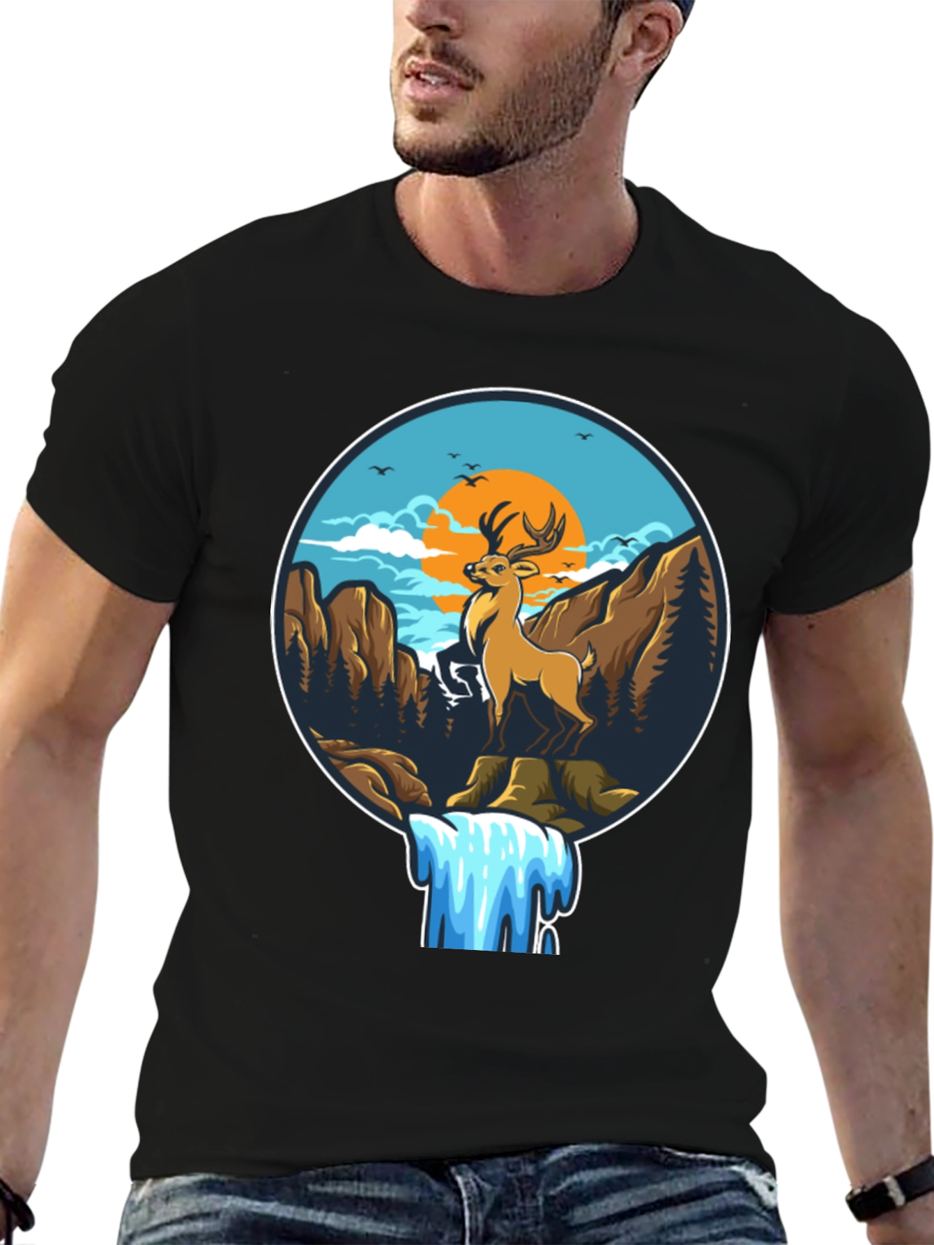 Deer & Waterfall Graphic Tee - Nature Adventure Design