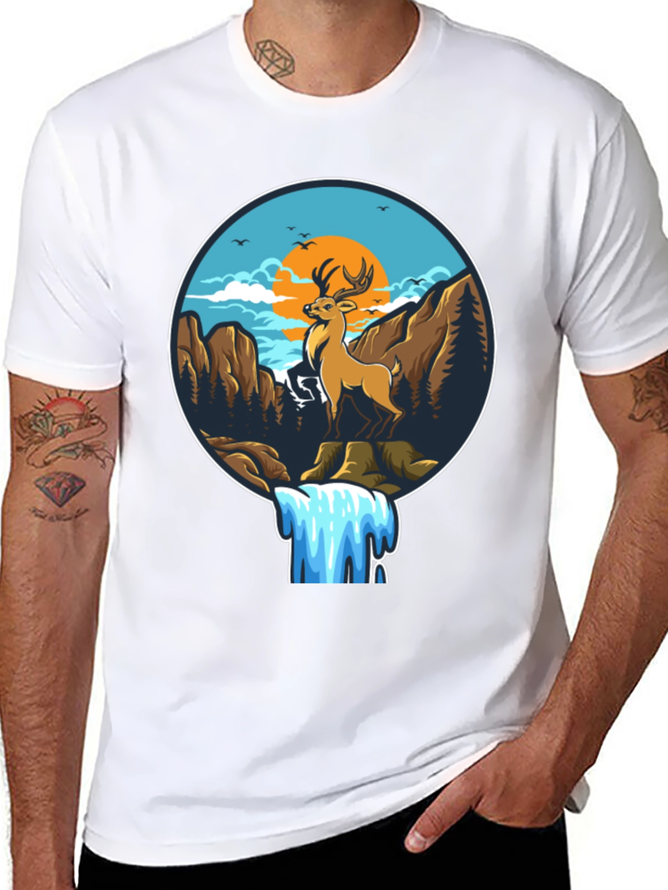 Deer & Waterfall Graphic Tee - Nature Adventure Design