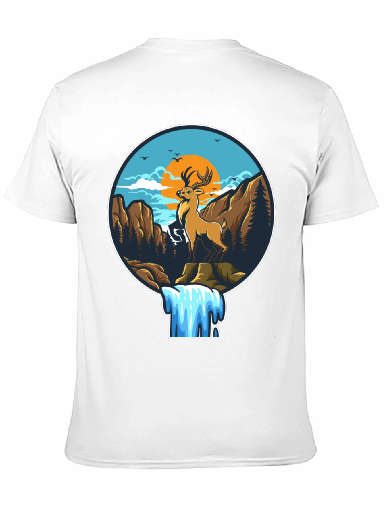 Deer & Waterfall Graphic Tee - Nature Adventure Design