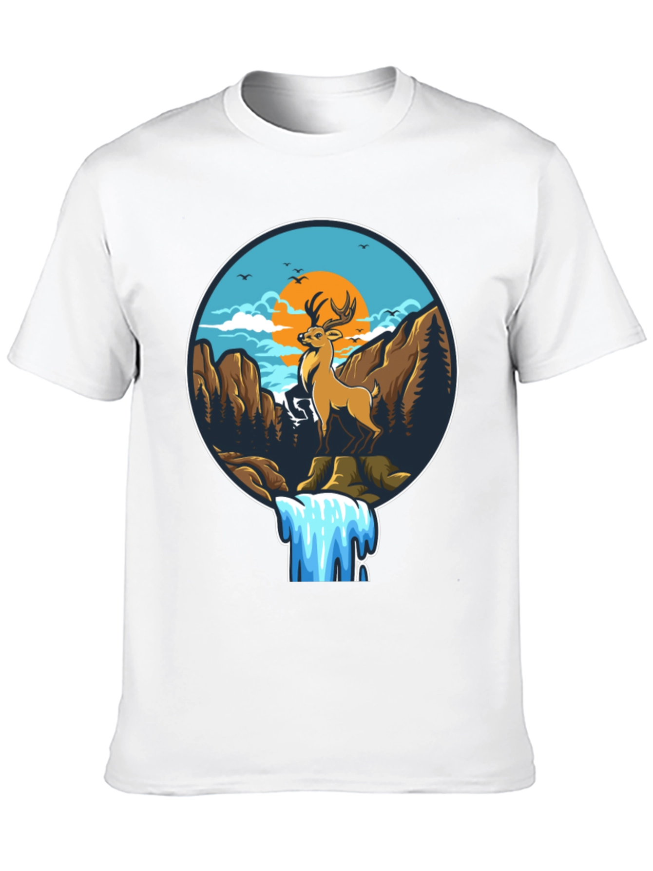 Deer & Waterfall Graphic Tee - Nature Adventure Design