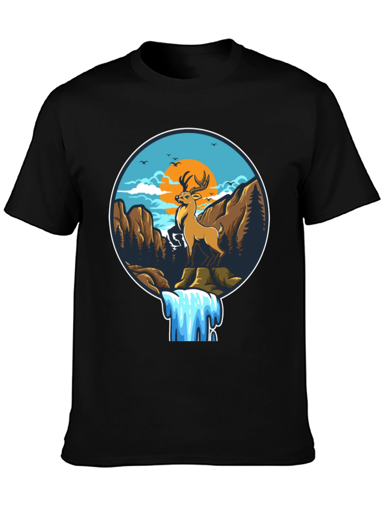 Deer & Waterfall Graphic Tee - Nature Adventure Design
