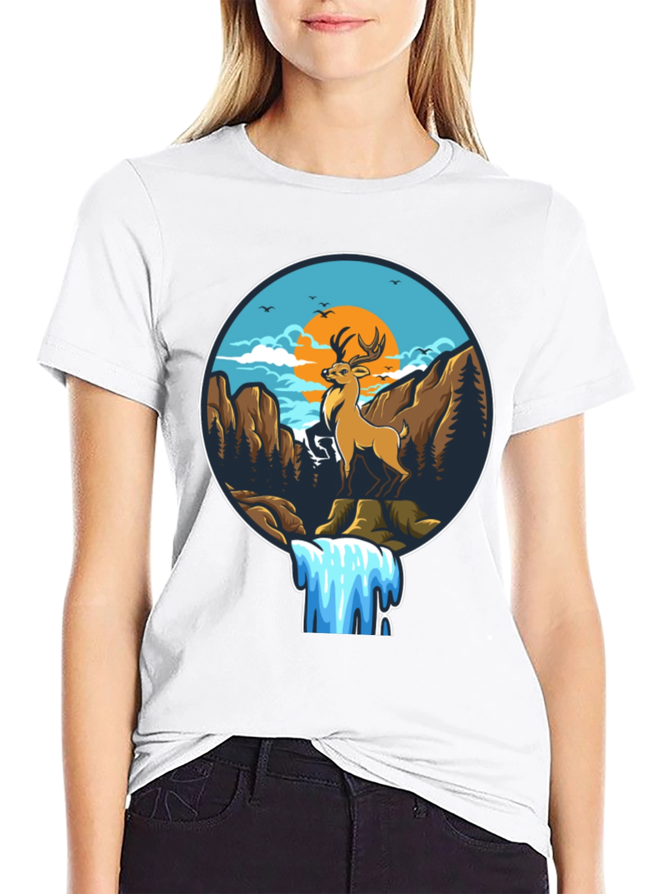 Deer & Waterfall Graphic Tee - Nature Adventure Design