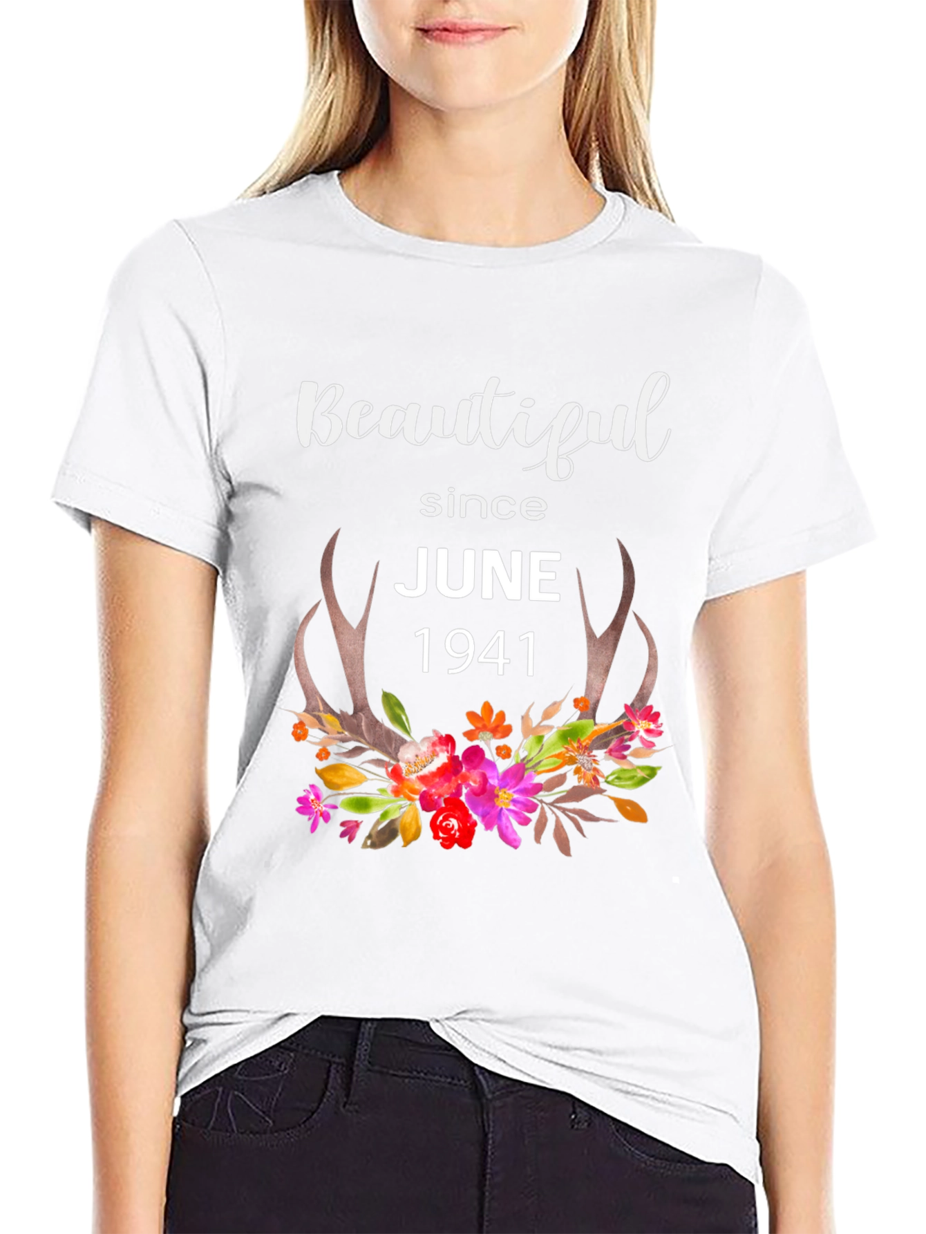 Beautiful Since June 1941 Floral Antler T-Shirt
