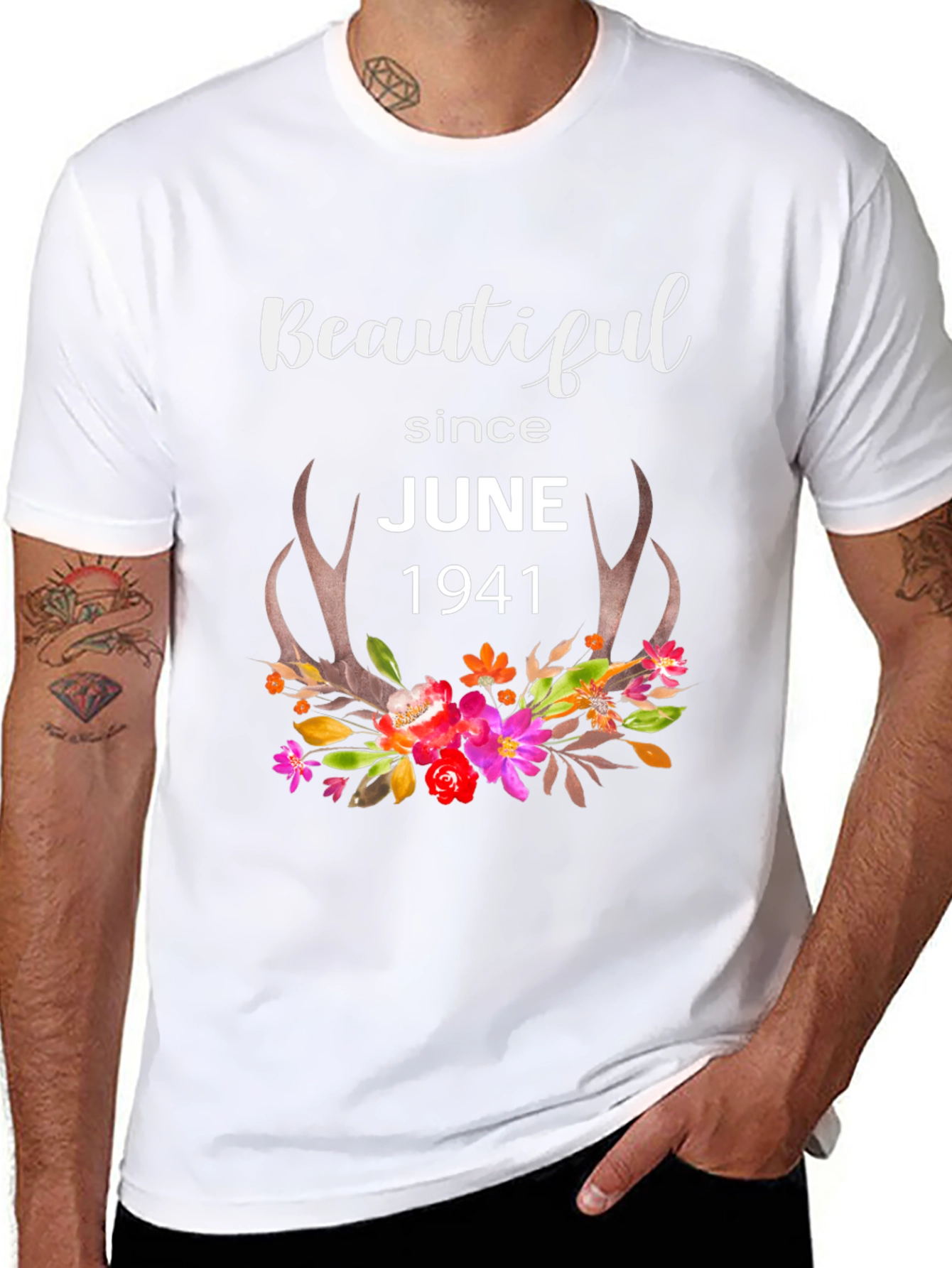 Beautiful Since June 1941 Floral Antler T-Shirt