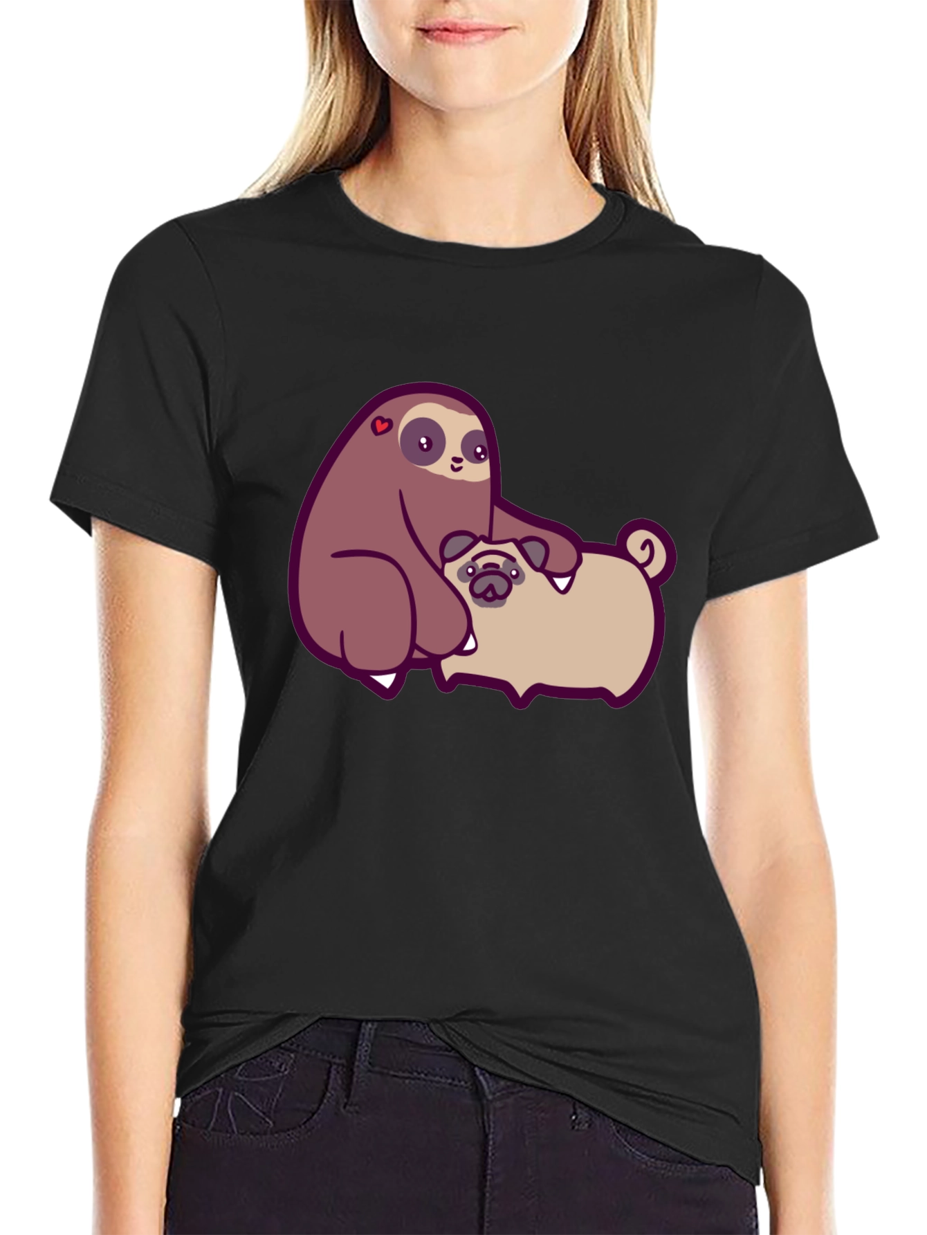 Sloth Hugging Pug Graphic Tee - Comfy Cotton T-Shirt