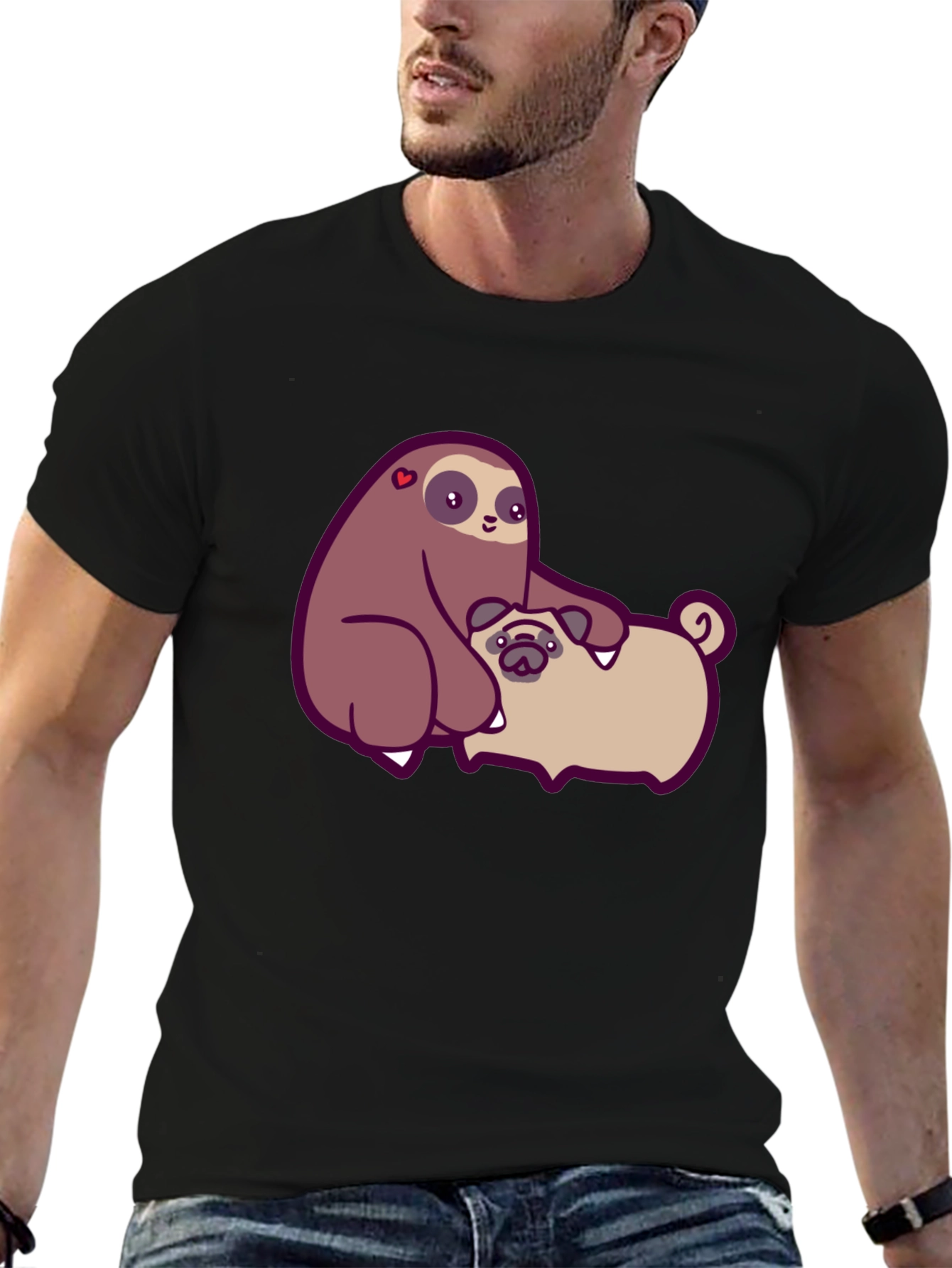 Sloth Hugging Pug Graphic Tee - Comfy Cotton T-Shirt