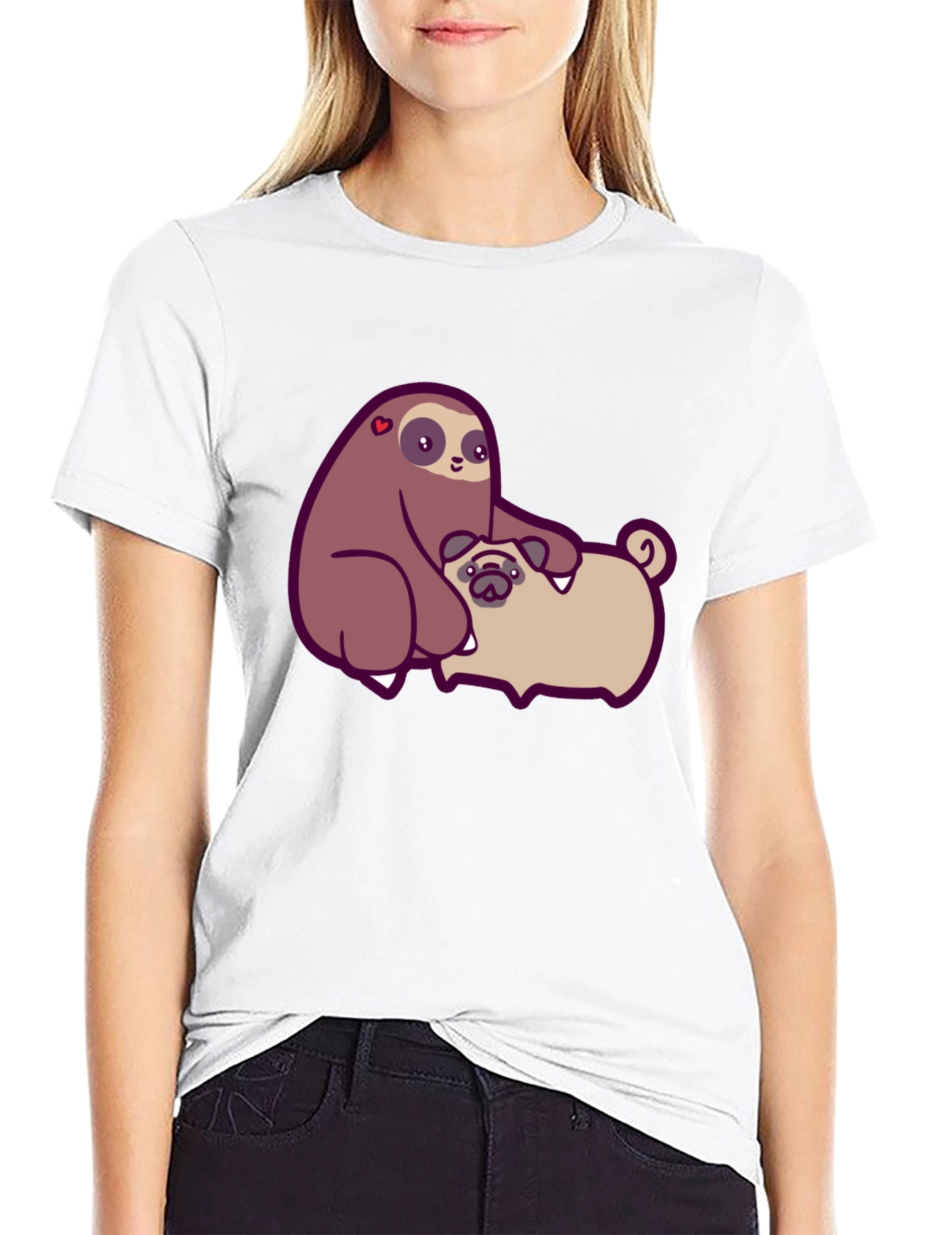 Sloth Hugging Pug Graphic Tee - Comfy Cotton T-Shirt