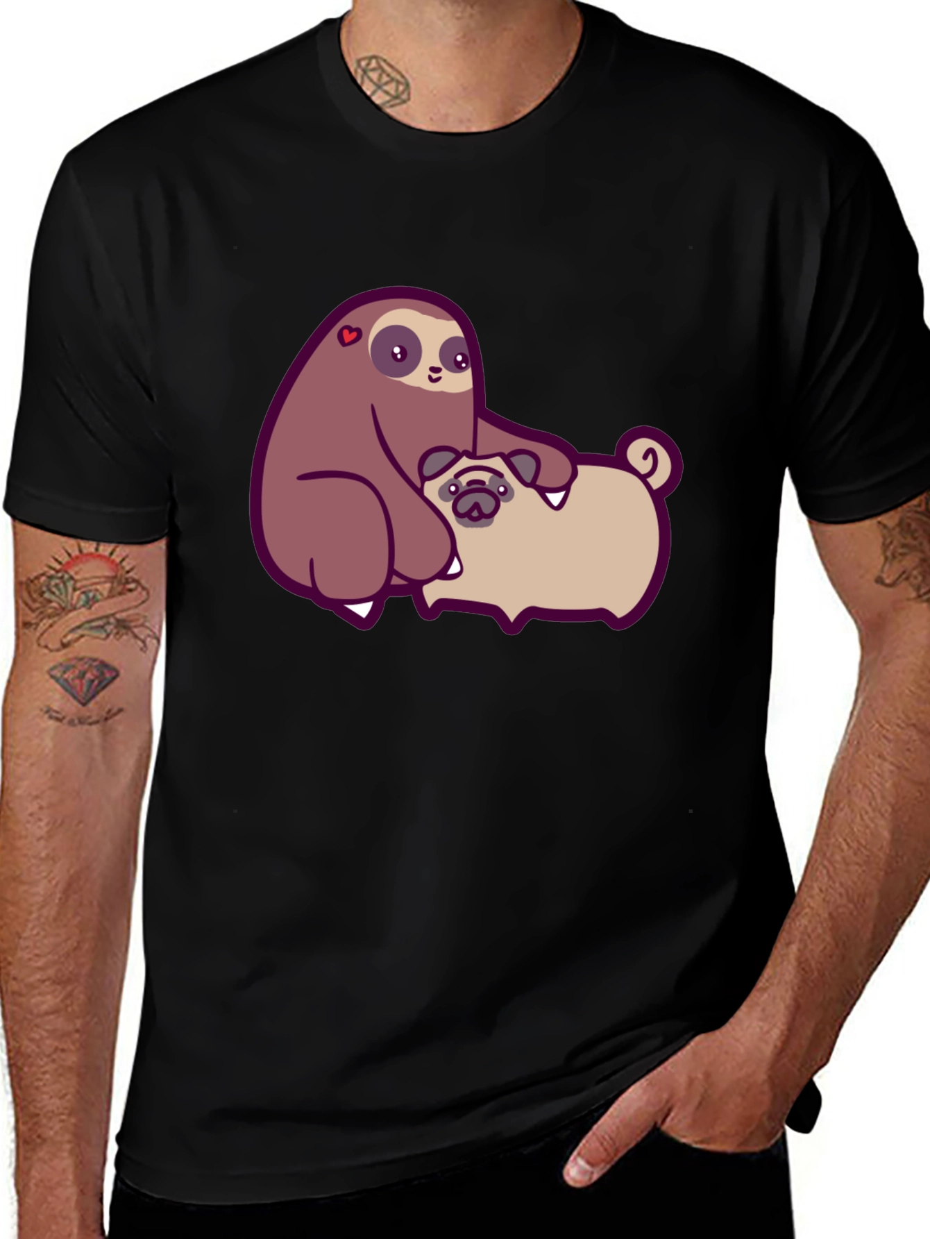 Sloth Hugging Pug Graphic Tee - Comfy Cotton T-Shirt