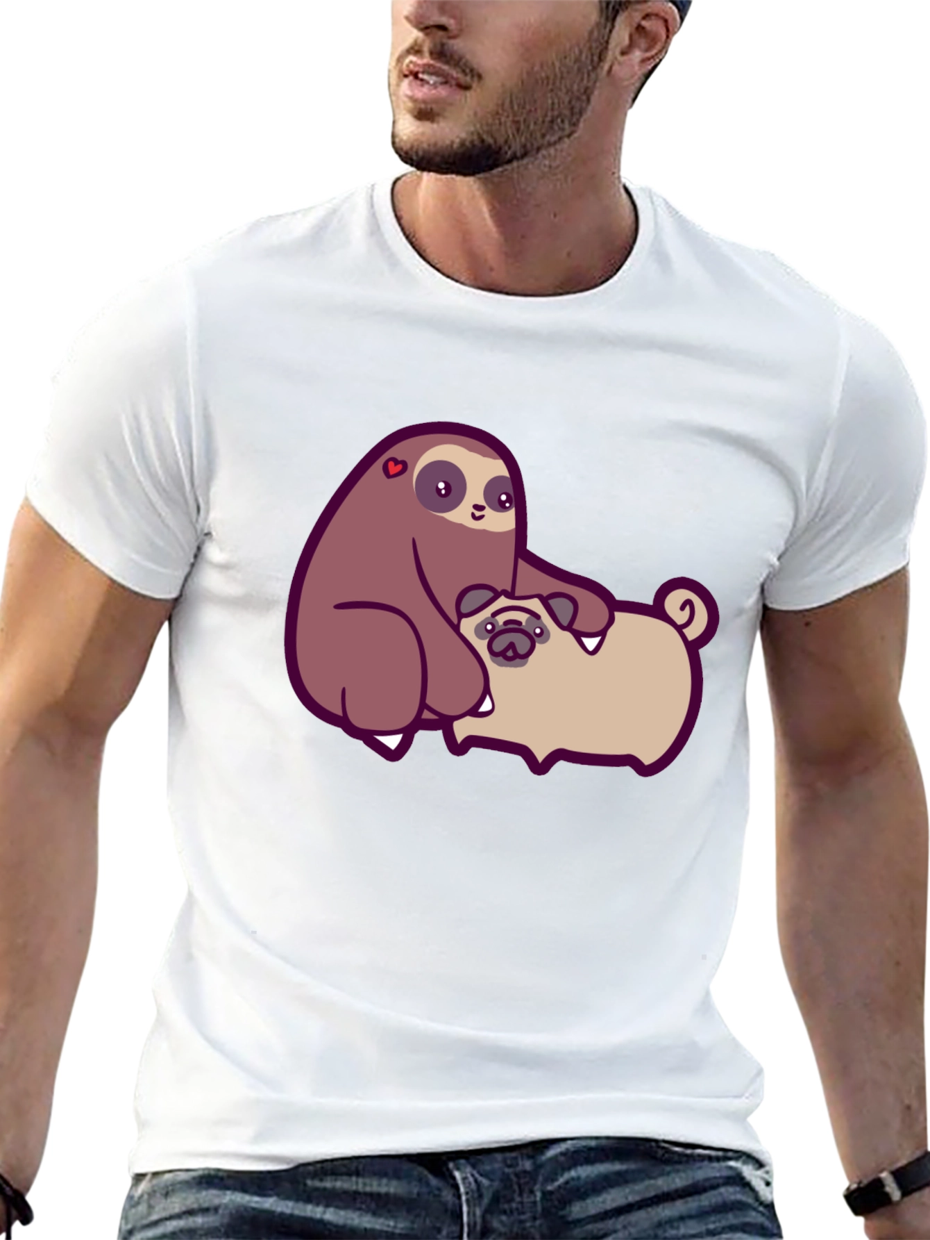 Sloth Hugging Pug Graphic Tee - Comfy Cotton T-Shirt