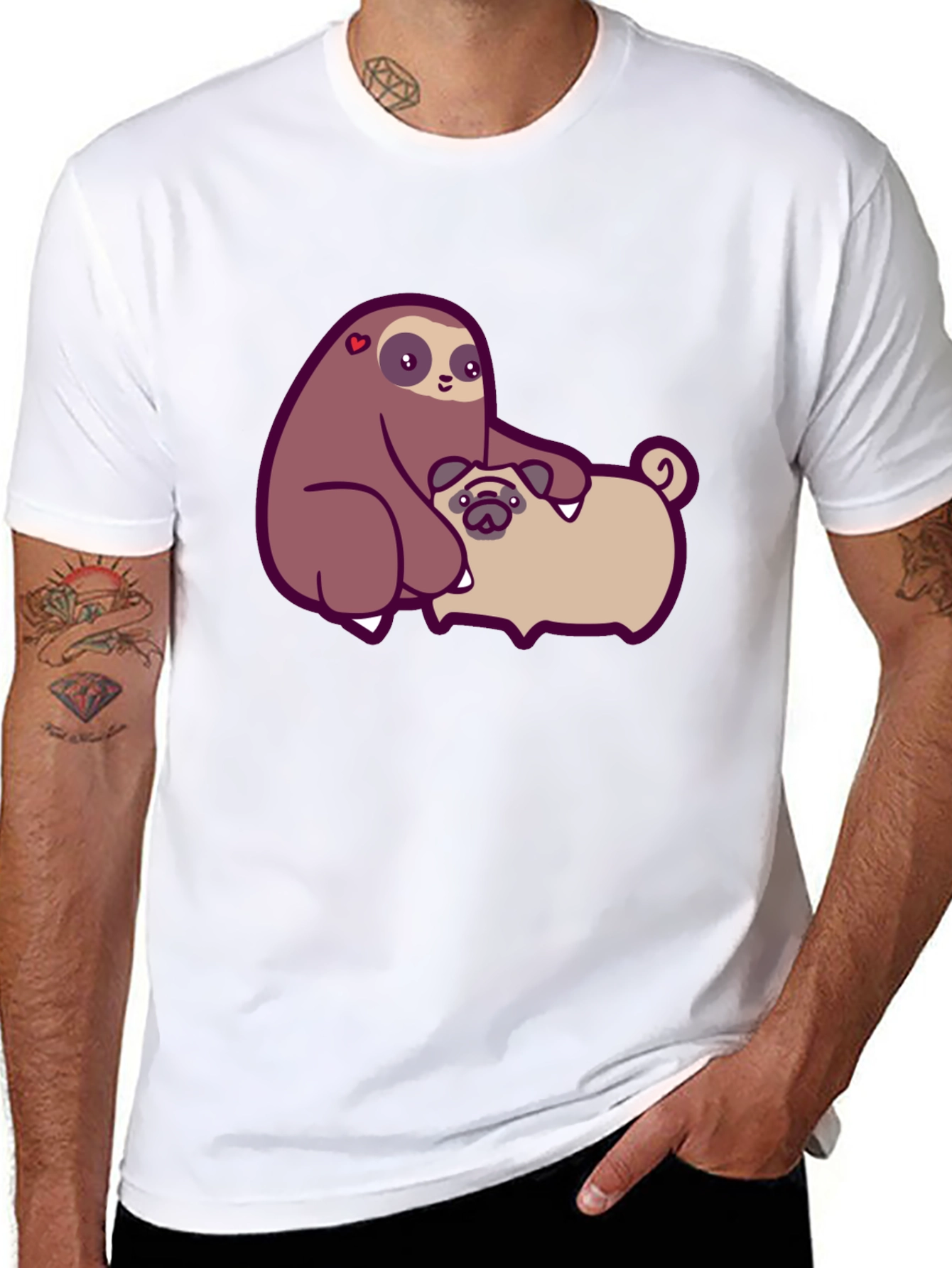Sloth Hugging Pug Graphic Tee - Comfy Cotton T-Shirt