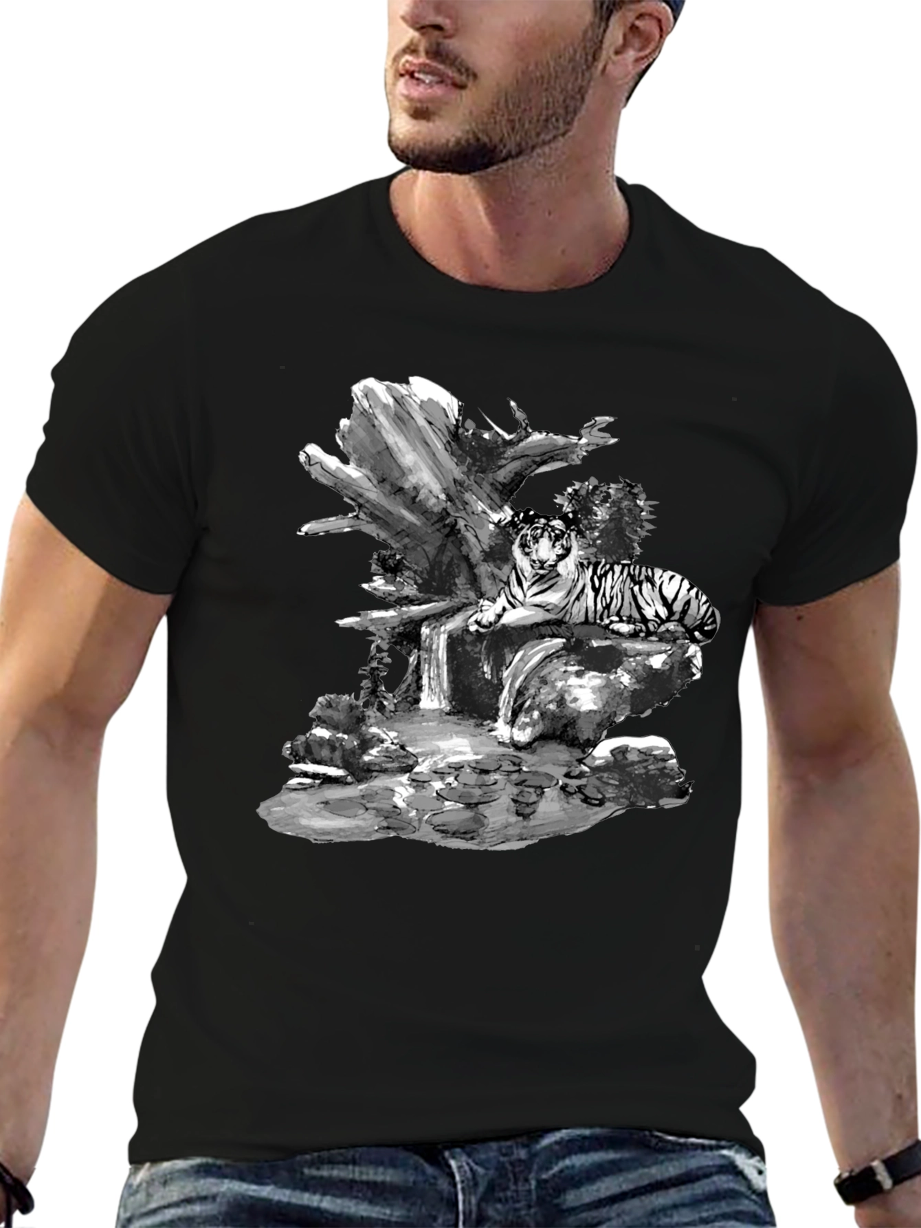 Tiger Waterfall Graphic Black T-Shirt